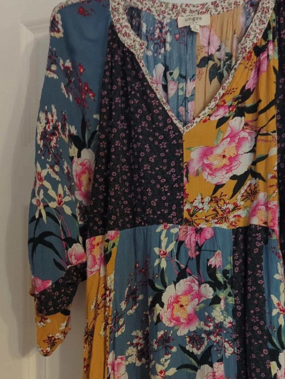 Umgee Mixed Floral Patchwork Dress - Blue & Mustard